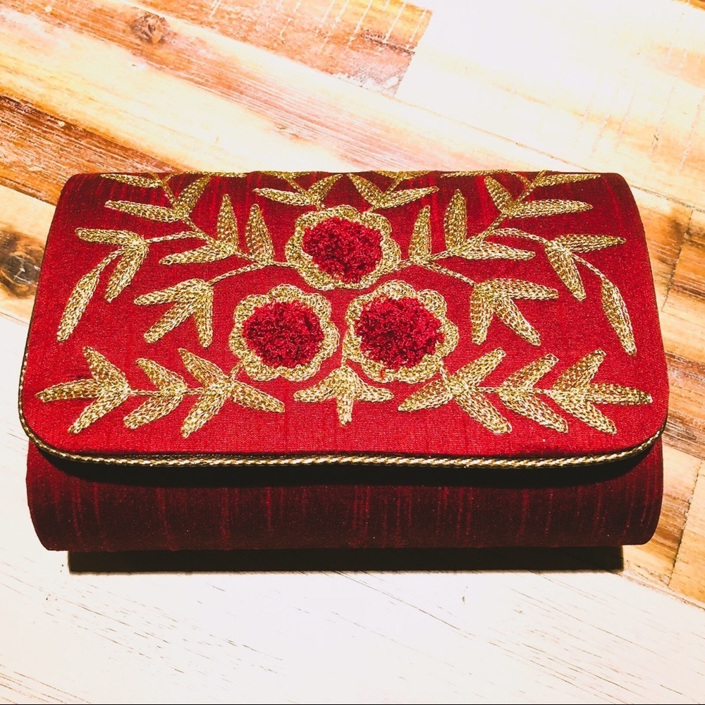 Hand-embroidered Raw Silk Clutch -Maroon *LAST ONE - Picture 1 of 3
